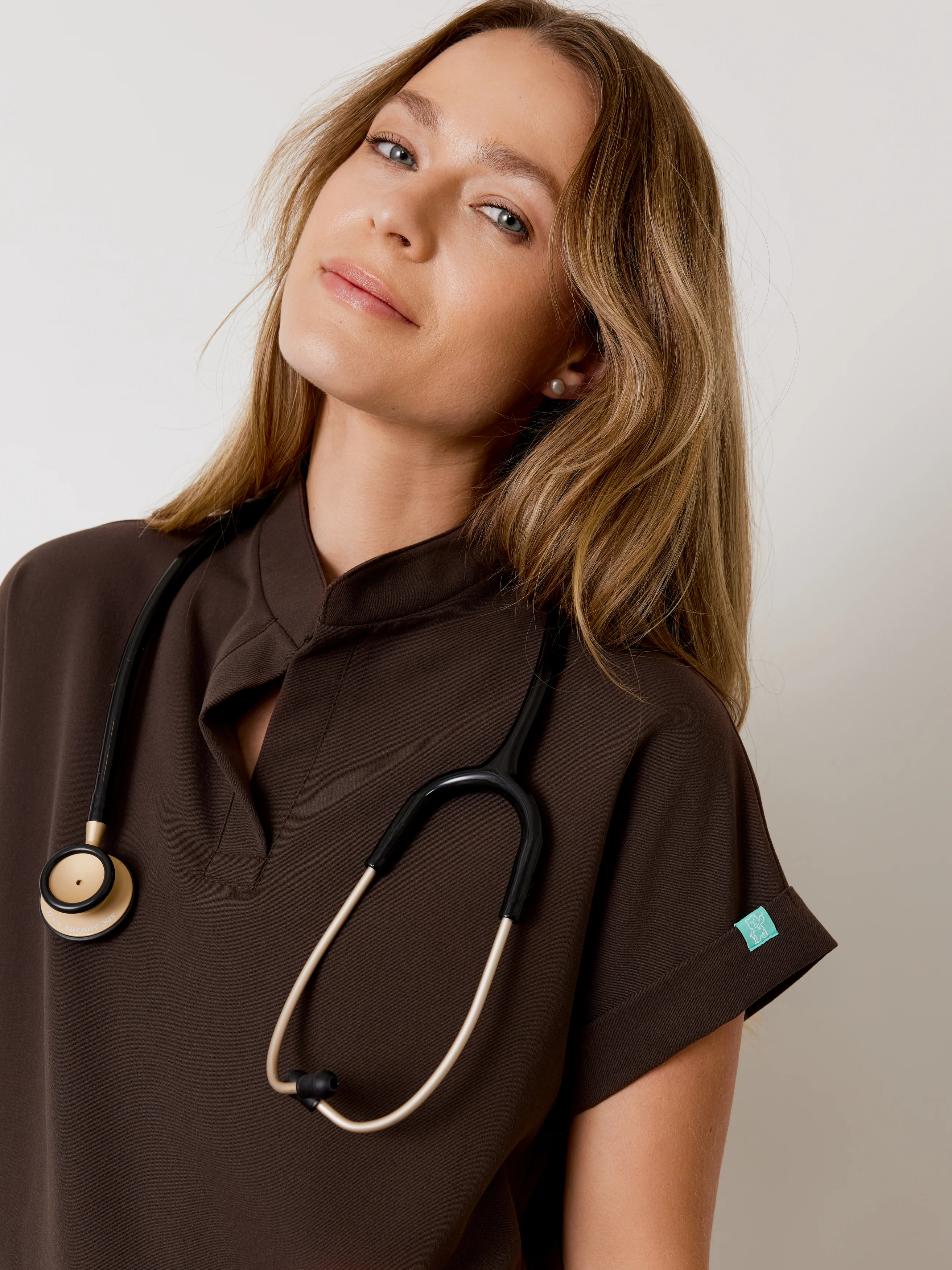 CHARLIE RE-GARDE™ - CHOCOLATE - Mandarine Collar Scrub Top - SILVADUR™ - Image 3
