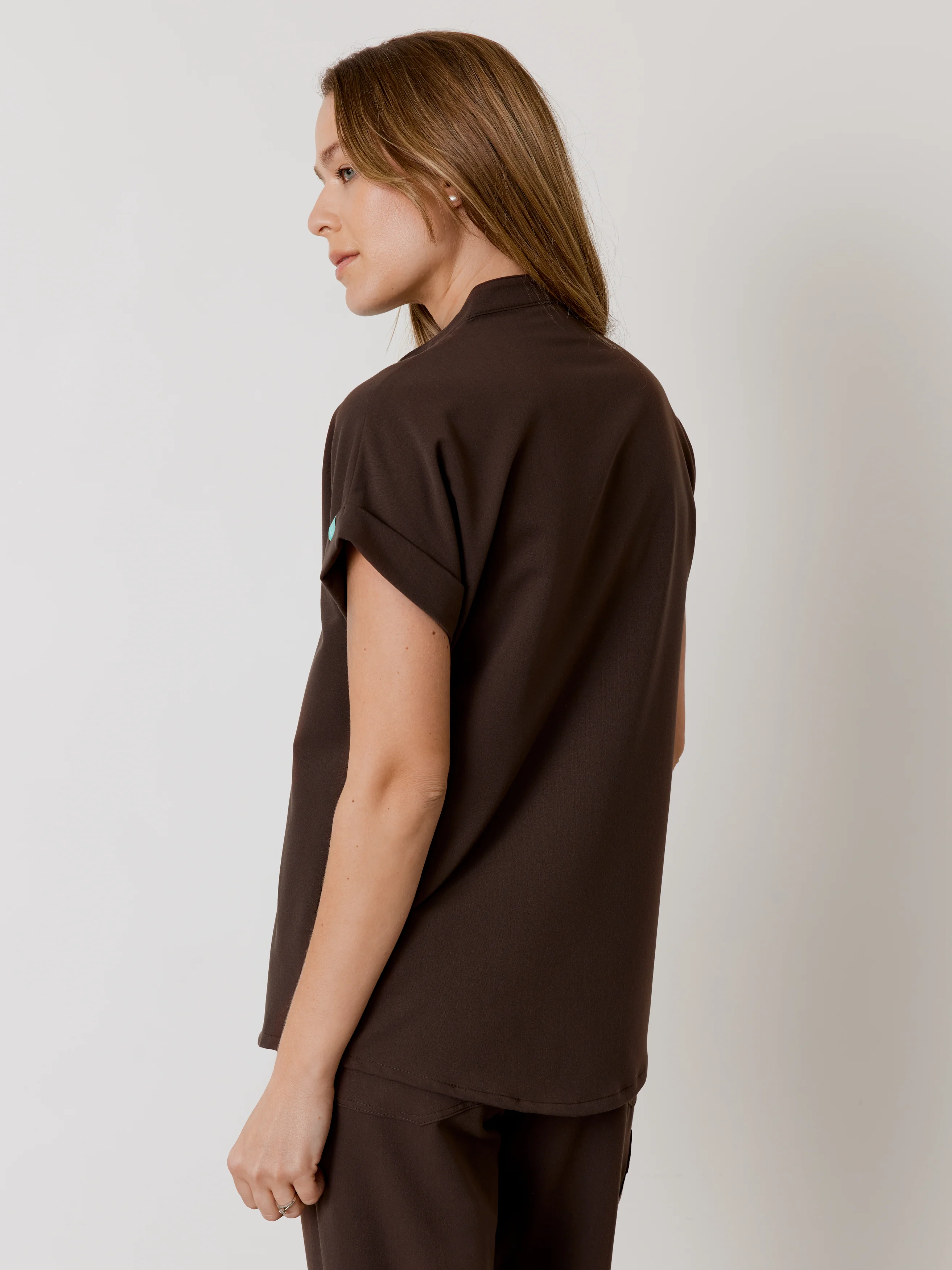 CHARLIE RE-GARDE™ - CHOCOLATE - Mandarine Collar Scrub Top - SILVADUR™ - Image 4